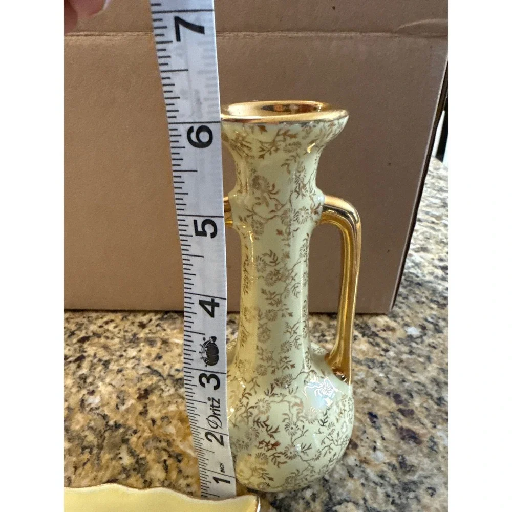 Vintage‎ Decmar USA 22K Gold Filigree Yellow Bud Vase and Trinket Dish Set